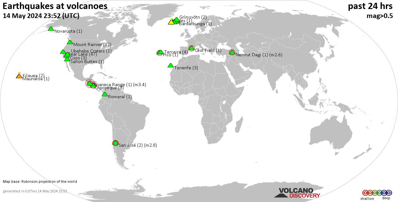 Shallow earthquakes near active volcanoes during the past 24 hours (update 01:51, Thursday, 25 Apr 2024)