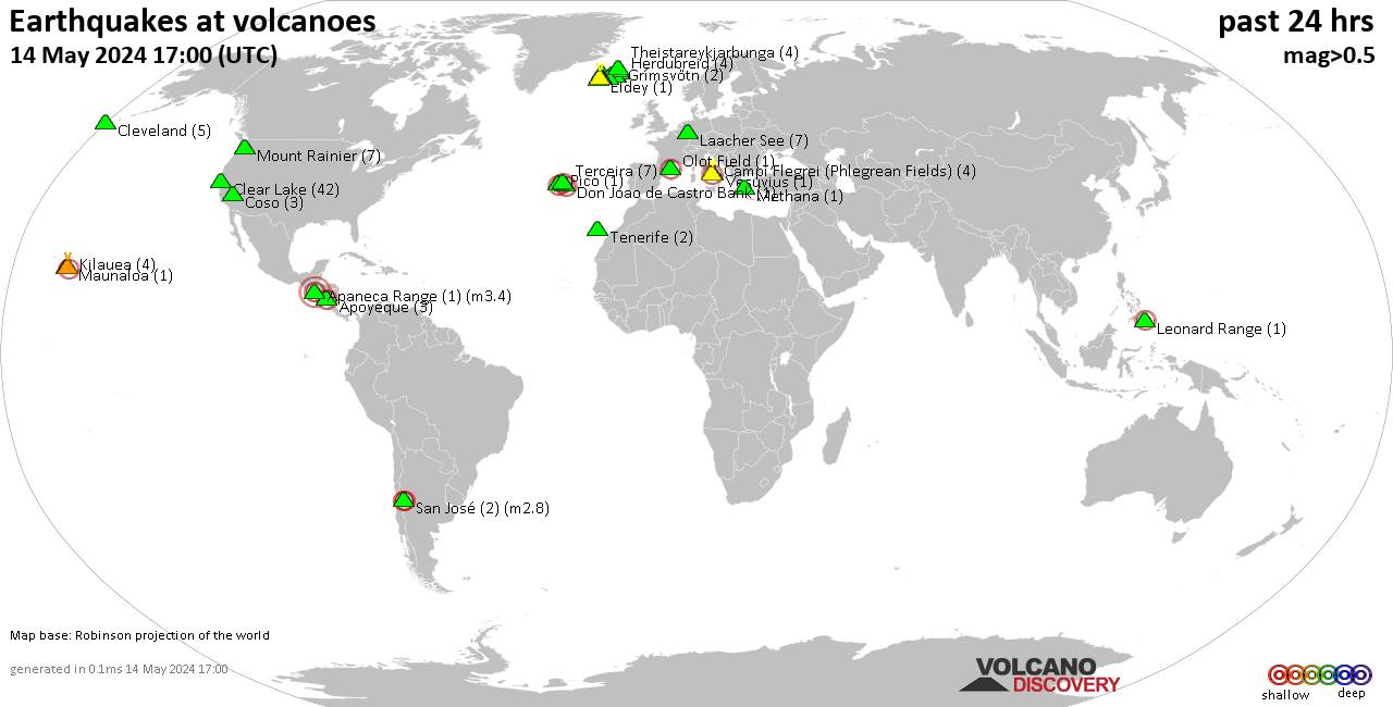 Shallow earthquakes near active volcanoes during the past 24 hours (update 05:16, Thursday, 25 Apr 2024)