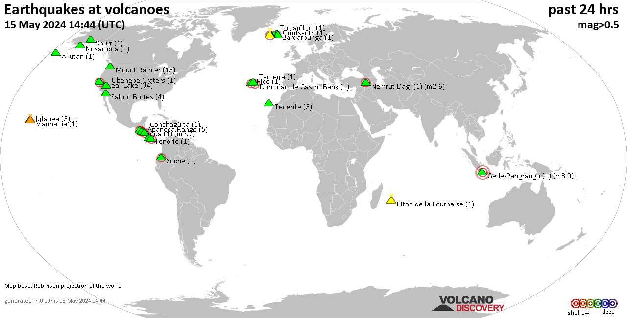 Shallow earthquakes near active volcanoes during the past 24 hours (update 11:49, Friday, 26 Apr 2024)