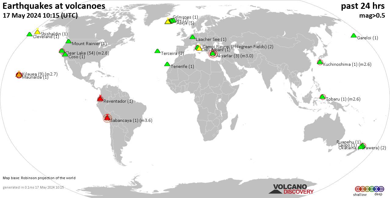 Shallow earthquakes near active volcanoes during the past 24 hours (update 22:57, Saturday, 27 Apr 2024)
