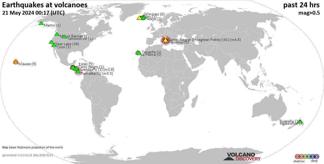 Shallow earthquakes near active volcanoes during the past 24 hours (update 03:54, Monday, 29 Apr 2024)