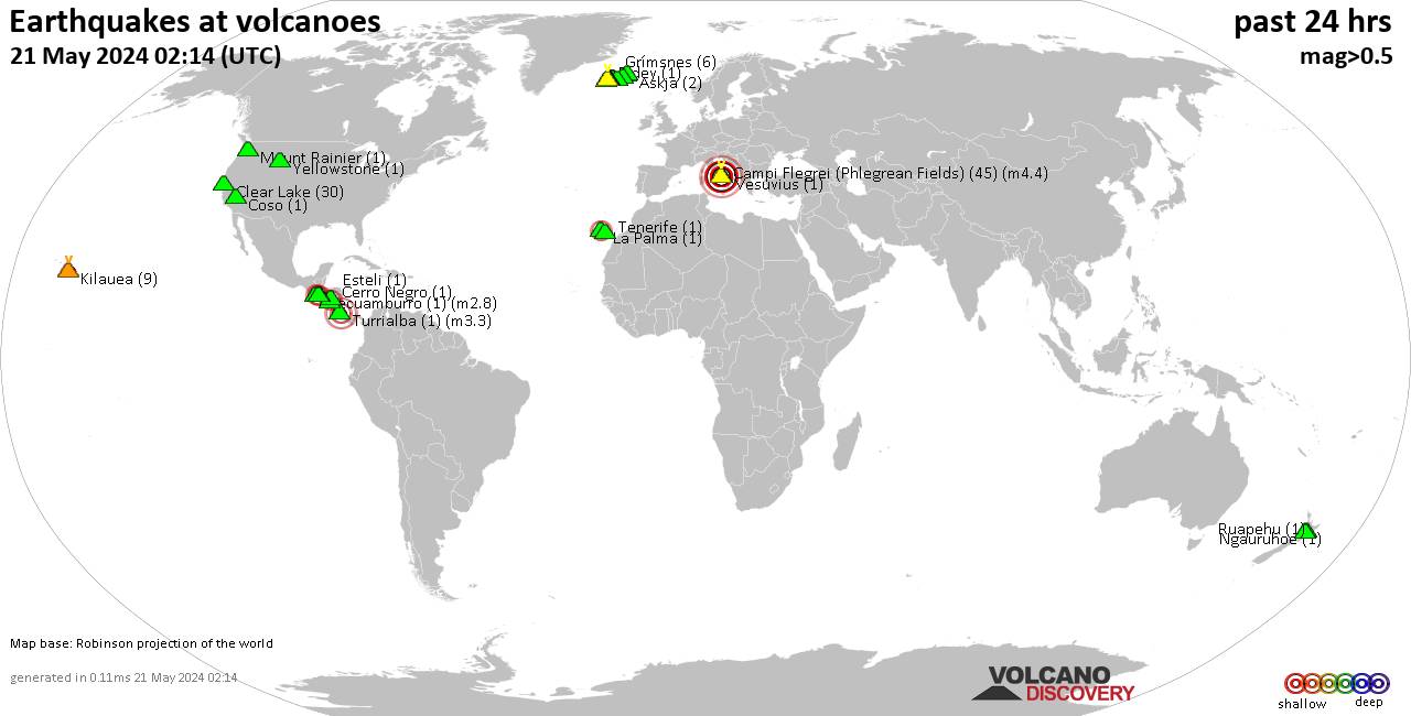 Shallow earthquakes near active volcanoes during the past 24 hours (update 08:54, Monday, 29 Apr 2024)