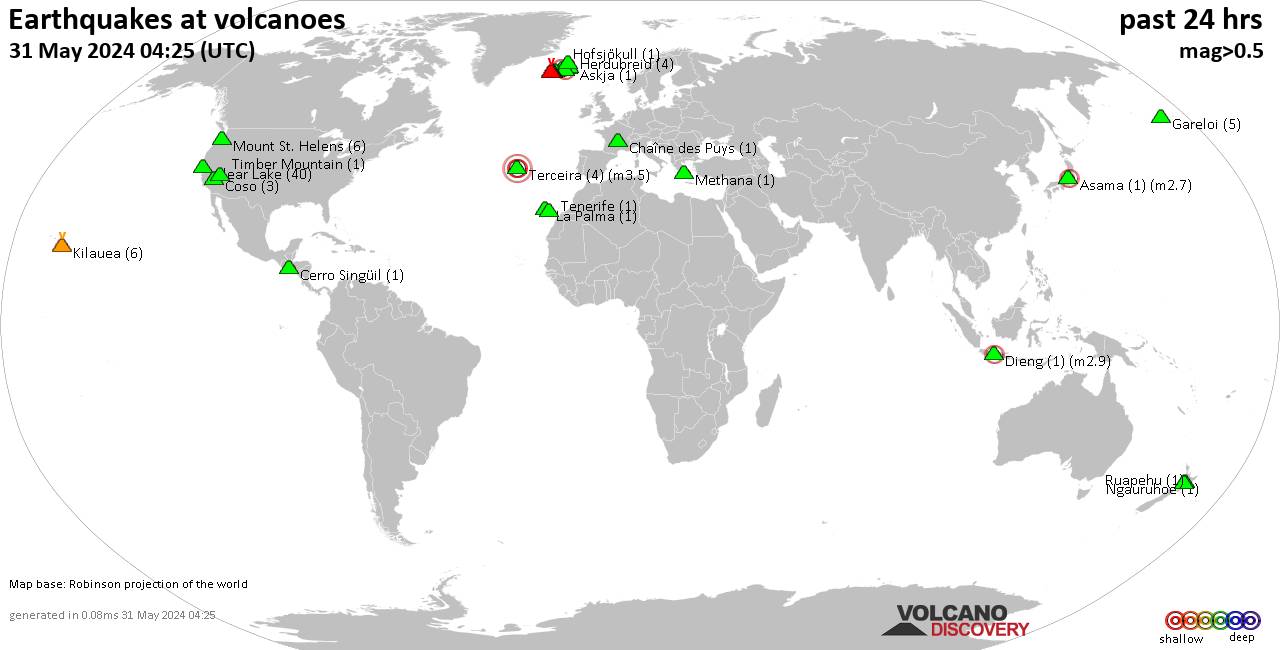 Shallow earthquakes near active volcanoes during the past 24 hours (update 13:39, Monday,  6 May 2024)