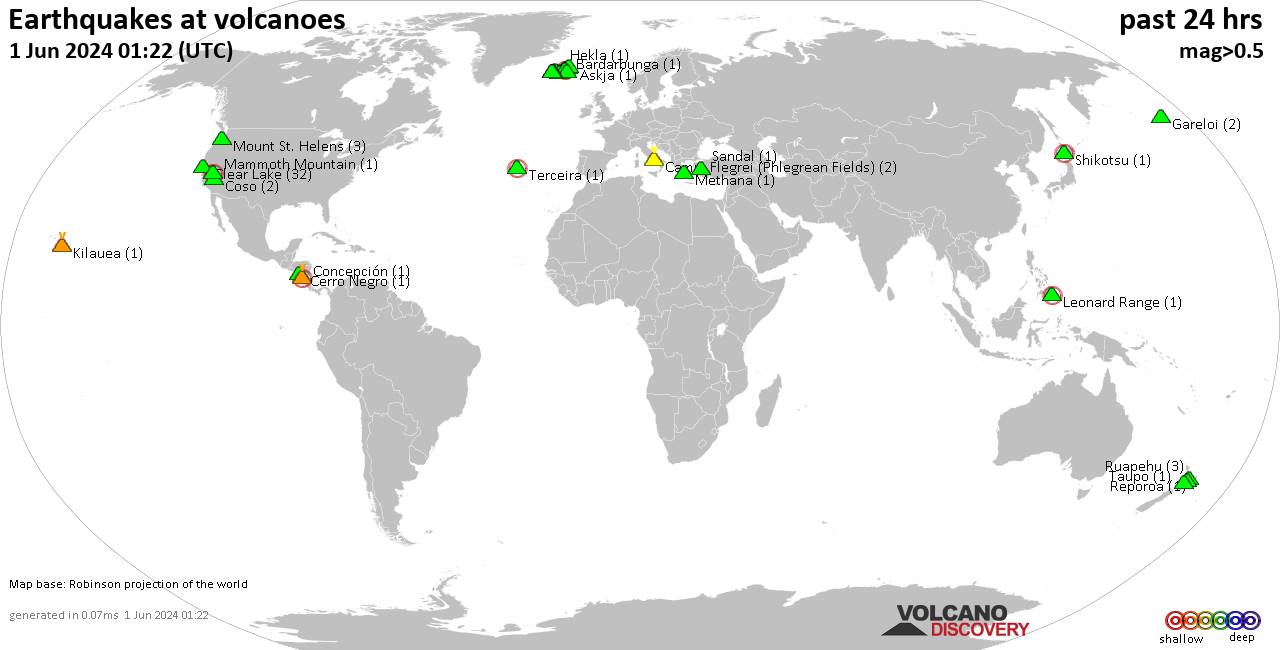 Shallow earthquakes near active volcanoes during the past 24 hours (update 02:07, Wednesday,  8 May 2024)