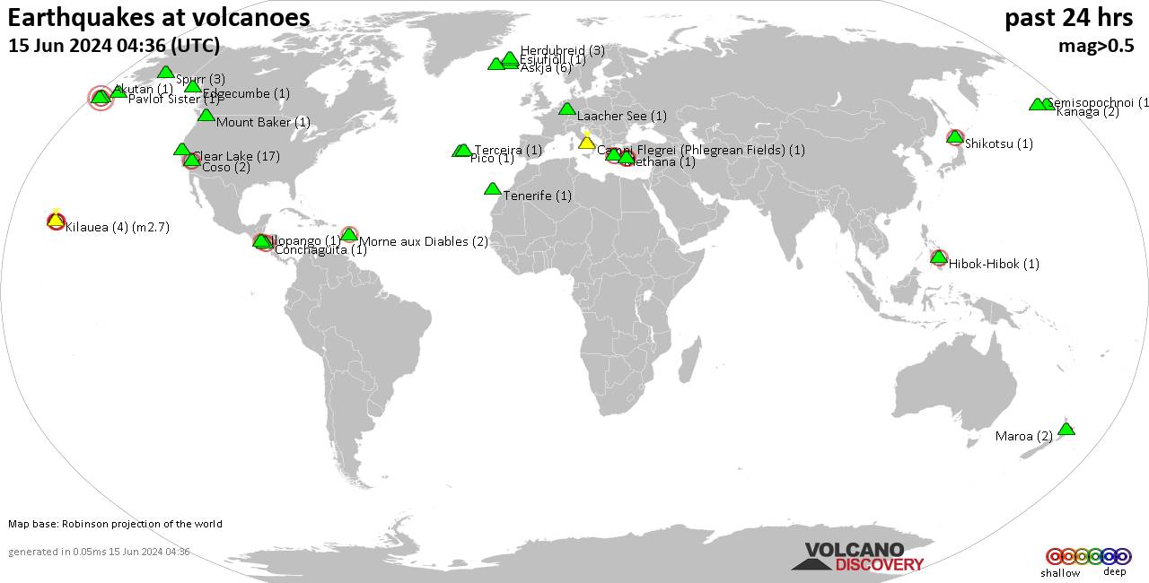 Shallow earthquakes near active volcanoes during the past 24 hours (update 10:00, Wednesday, 15 May 2024)