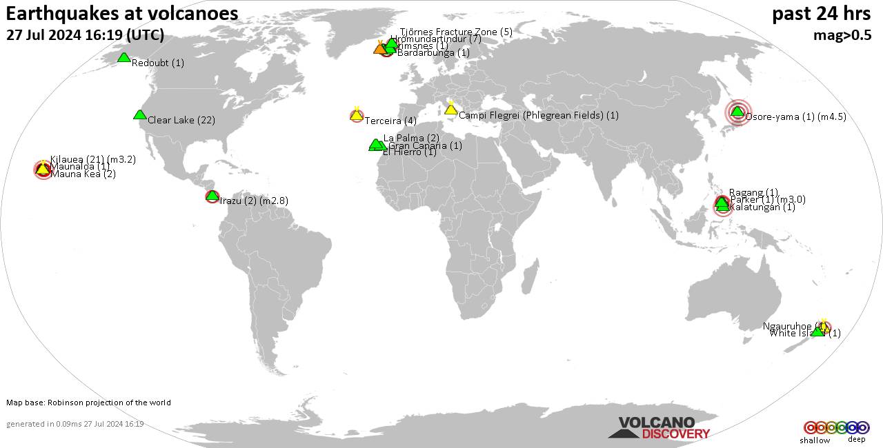 Землетрясения вблизи активных вулканов за последние 24 часа, 27 июля 2024 года