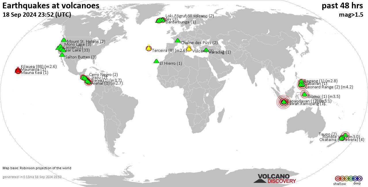 Shallow earthquakes near active volcanoes during the past 48 hours (update 16:27, Thursday, 4 ...