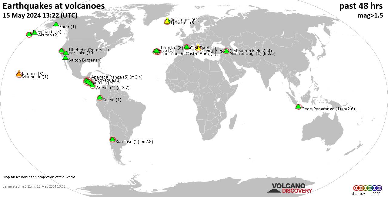 Shallow earthquakes near active volcanoes during the past 48 hours (update 01:32, Thursday,  3 Jun 2021)