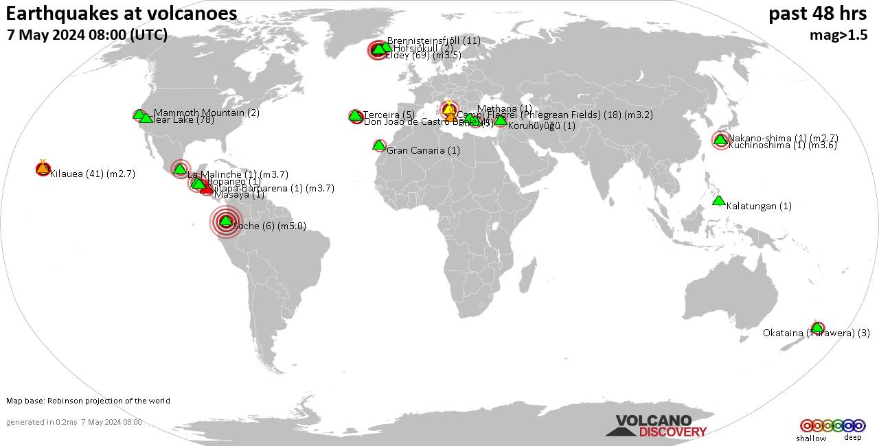 Shallow earthquakes near active volcanoes during the past 48 hours (update 02:22, Wednesday, 18 May 2022)