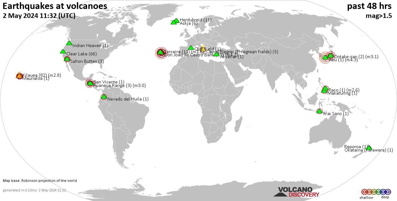 Shallow earthquakes near active volcanoes during the past 48 hours (update 07:17, Thursday,  7 Jul 2022)