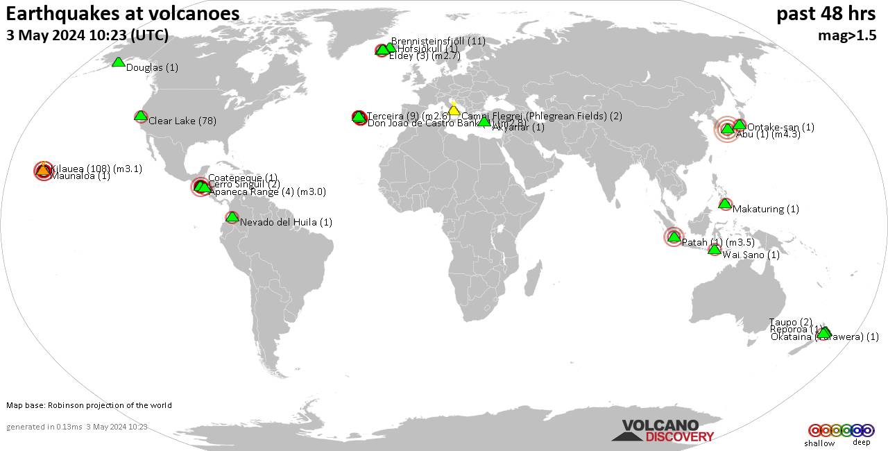 Shallow earthquakes near active volcanoes during the past 48 hours (update 16:35, Суббота, 24 сен 2022)