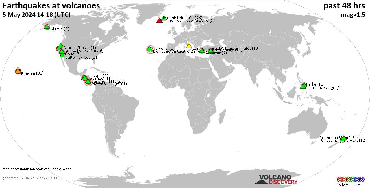 Shallow earthquakes near active volcanoes during the past 48 hours (update 06:38, mercoledì,  7 dic 2022)