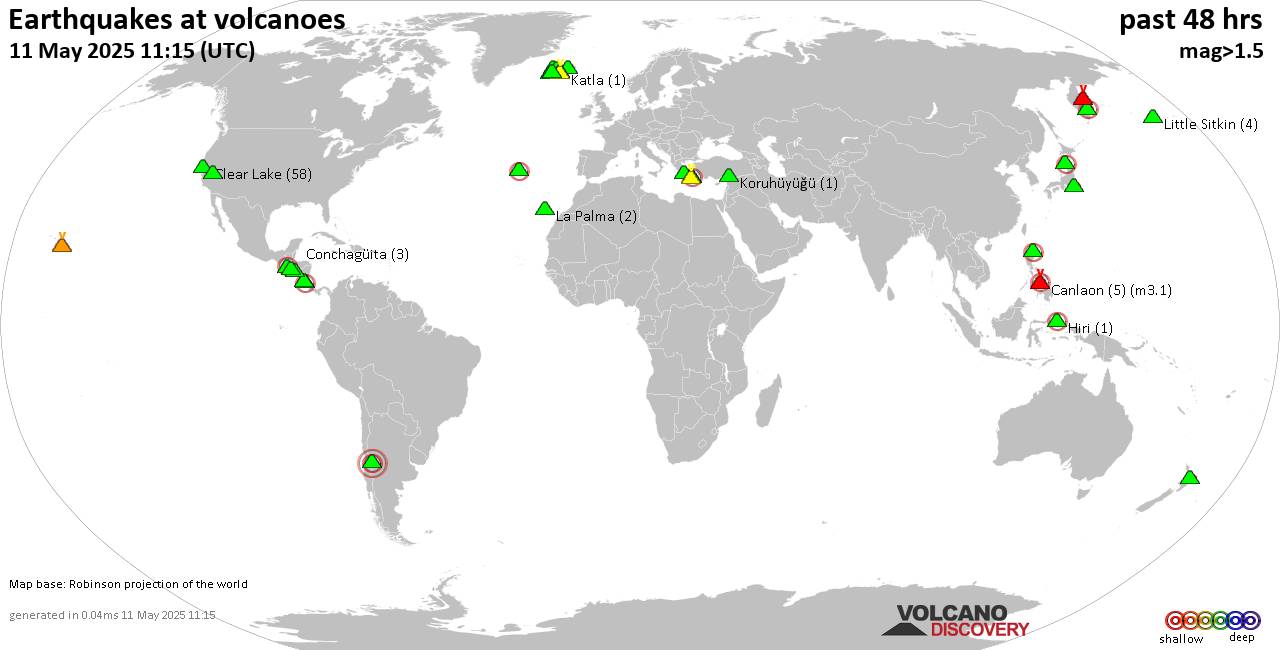 Shallow earthquakes near active volcanoes during the past 48 hours (update 13:35, Saturday, 10 Jun 2023)