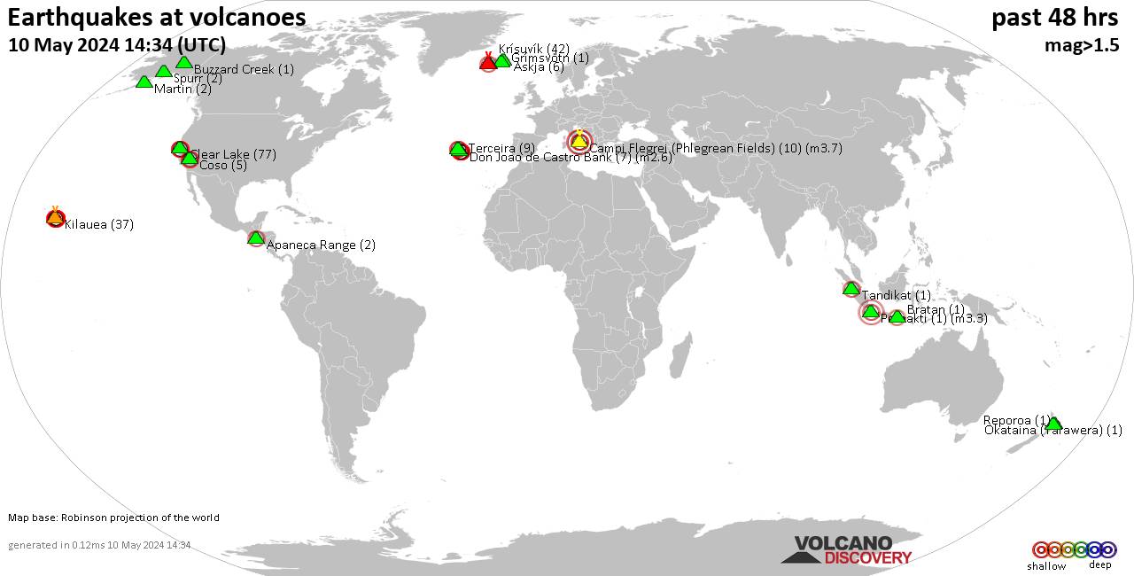 Shallow earthquakes near active volcanoes during the past 48 hours (update 12:13, Thursday, 28 Mar 2024)