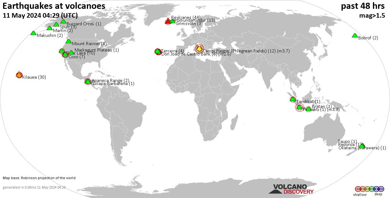 Shallow earthquakes near active volcanoes during the past 48 hours (update 15:12, Thursday, 28 Mar 2024)