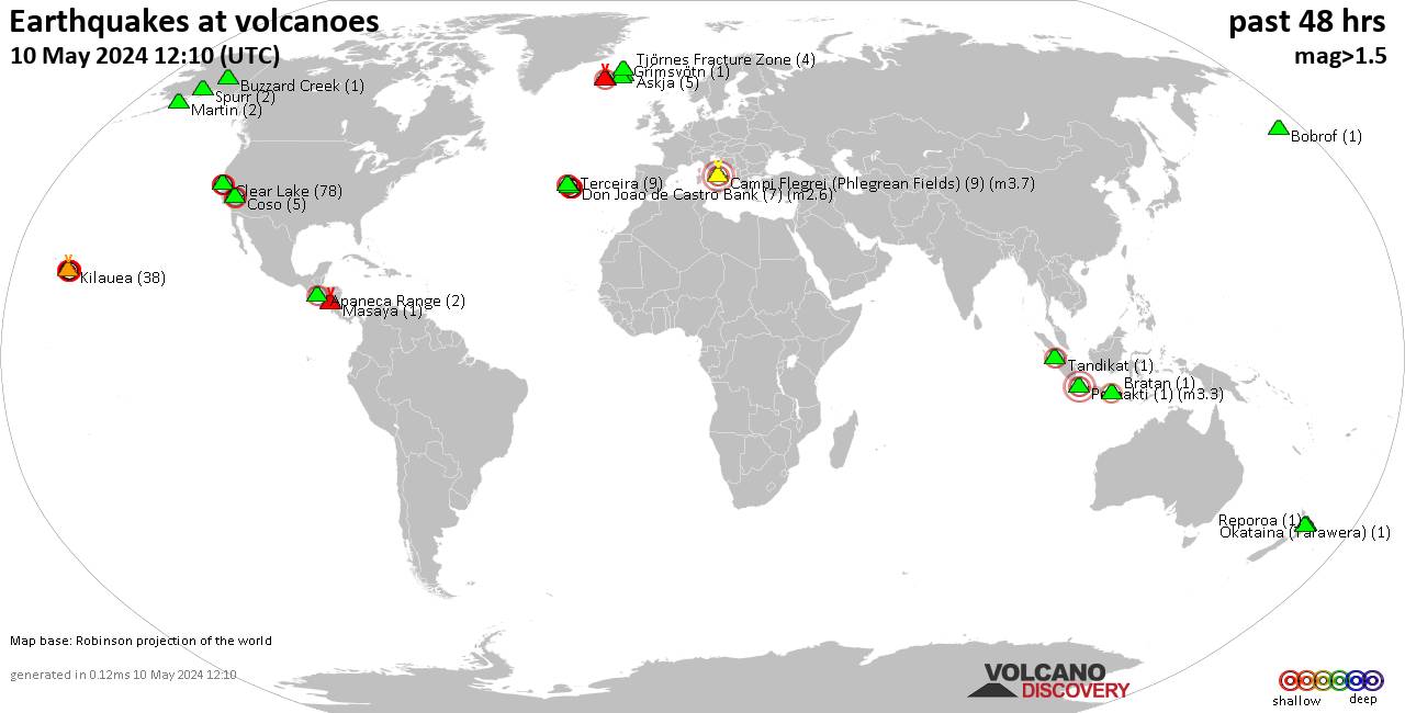 Shallow earthquakes near active volcanoes during the past 48 hours (update 06:19, Friday, 29 Mar 2024)