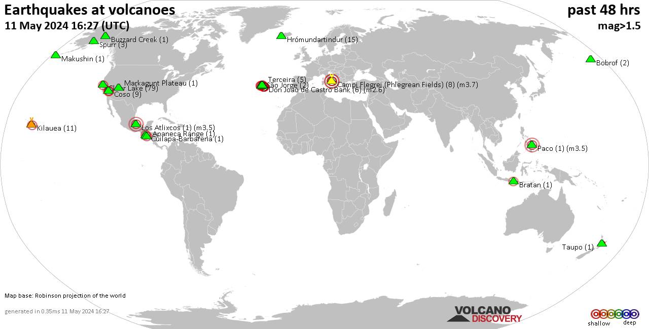 Shallow earthquakes near active volcanoes during the past 48 hours (update 15:21, Tuesday, 16 Apr 2024)