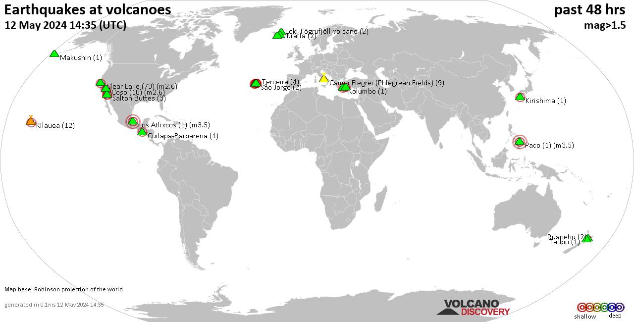 Shallow earthquakes near active volcanoes during the past 48 hours (update 01:58, Friday, 19 Apr 2024)