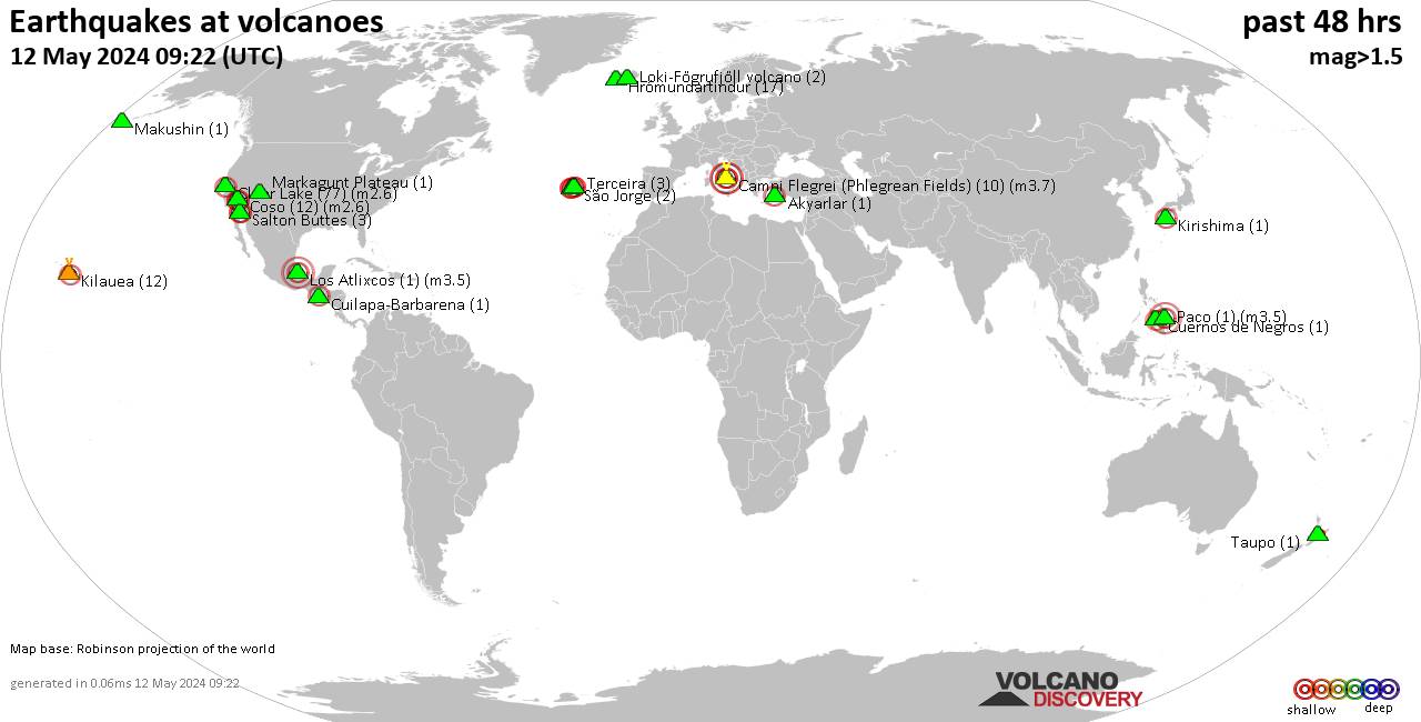 Shallow earthquakes near active volcanoes during the past 48 hours (update 02:21, Friday, 19 Apr 2024)