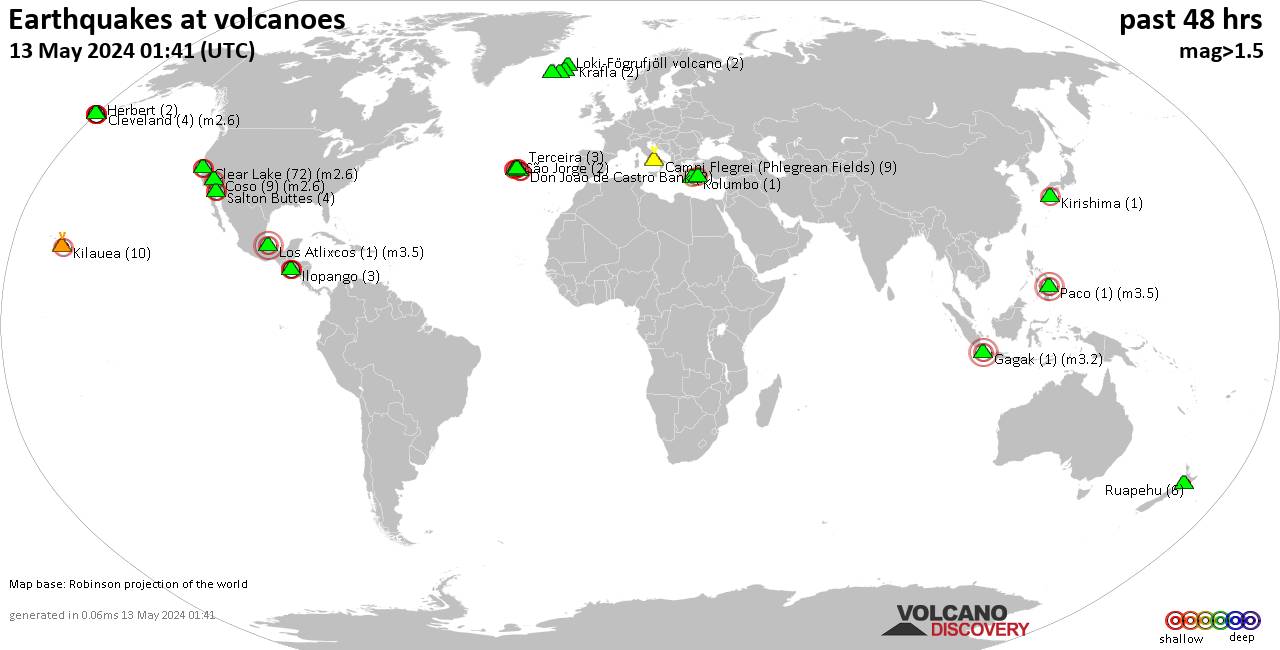 Shallow earthquakes near active volcanoes during the past 48 hours (update 17:56, Friday, 19 Apr 2024)