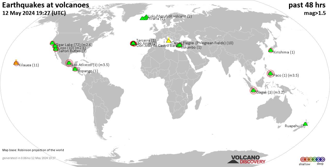 Shallow earthquakes near active volcanoes during the past 48 hours (update 23:21, Friday, 19 Apr 2024)