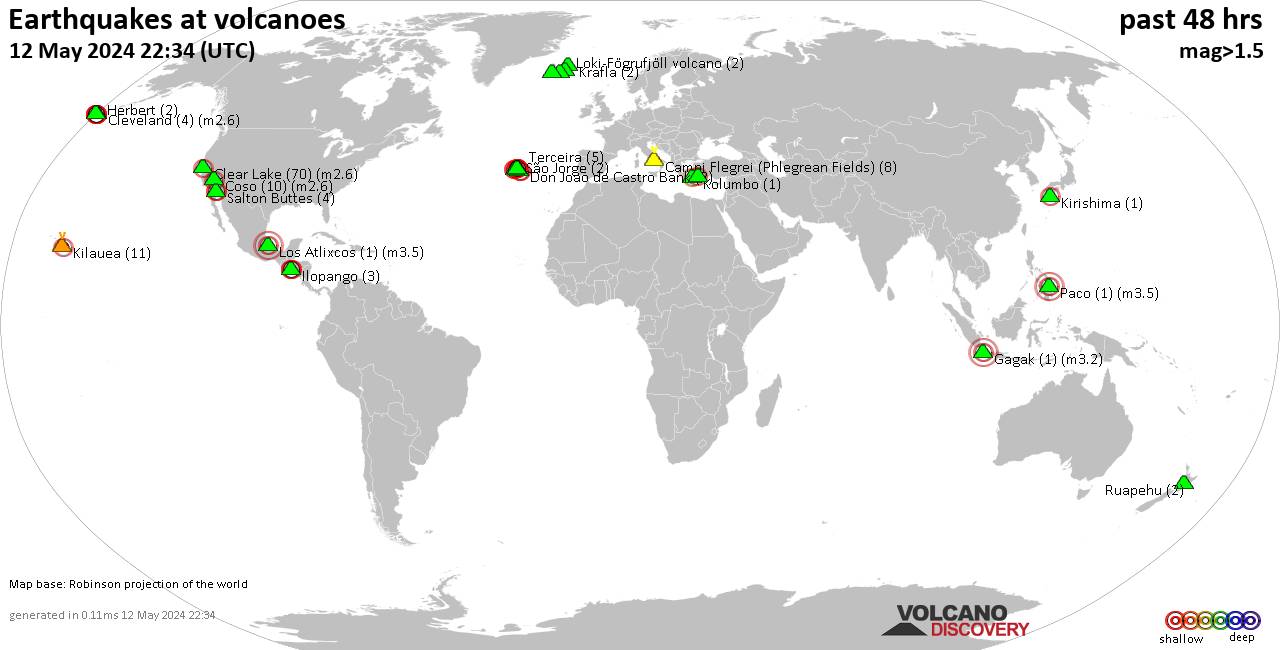 Shallow earthquakes near active volcanoes during the past 48 hours (update 23:39, Friday, 19 Apr 2024)