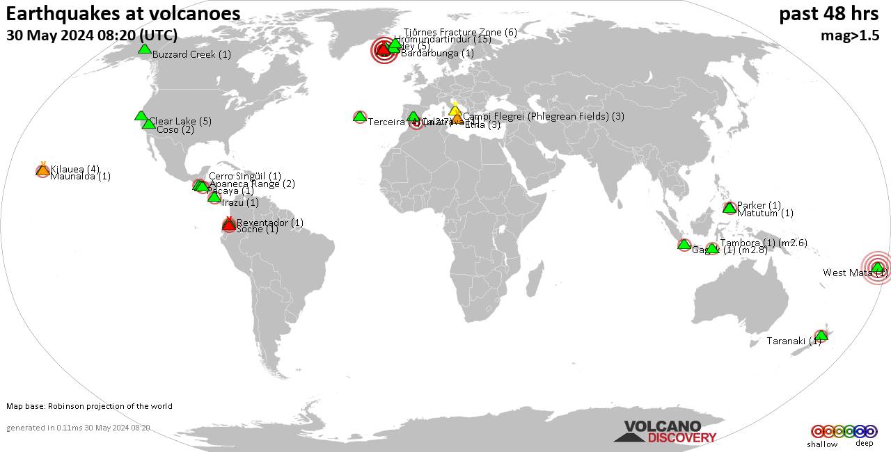 Shallow earthquakes near active volcanoes during the past 48 hours (update 23:44, Friday, 19 Apr 2024)