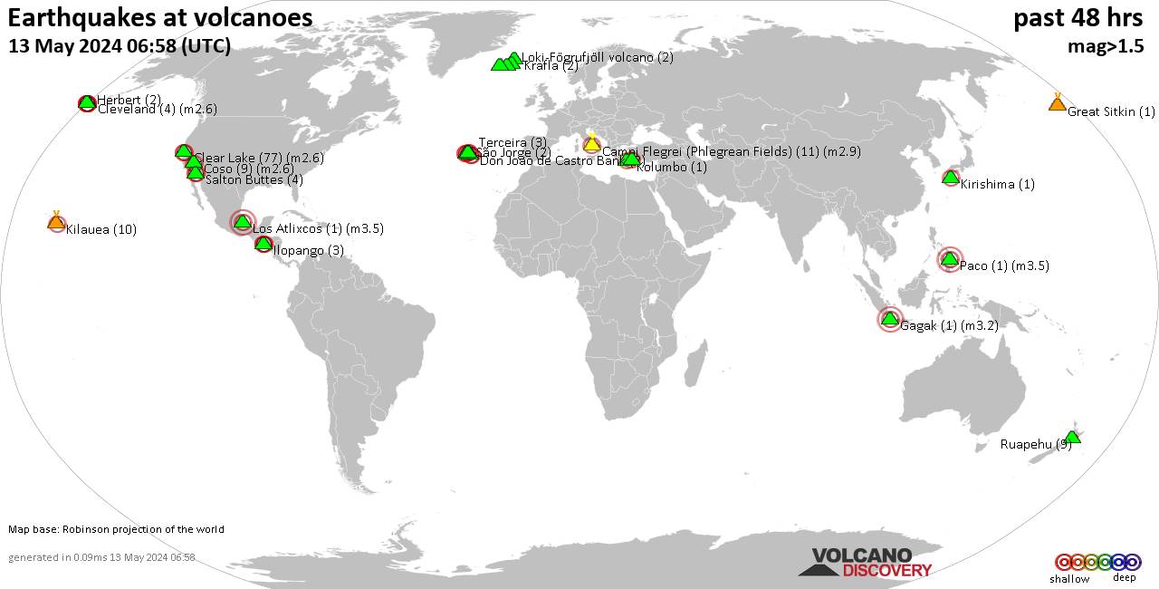 Shallow earthquakes near active volcanoes during the past 48 hours (update 04:46, Saturday, 20 Apr 2024)