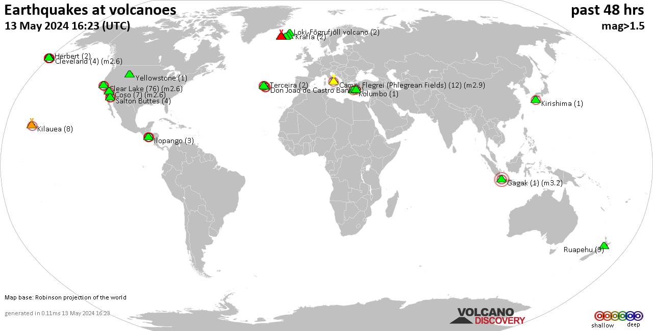 Shallow earthquakes near active volcanoes during the past 48 hours (update 13:47, Saturday, 20 Apr 2024)