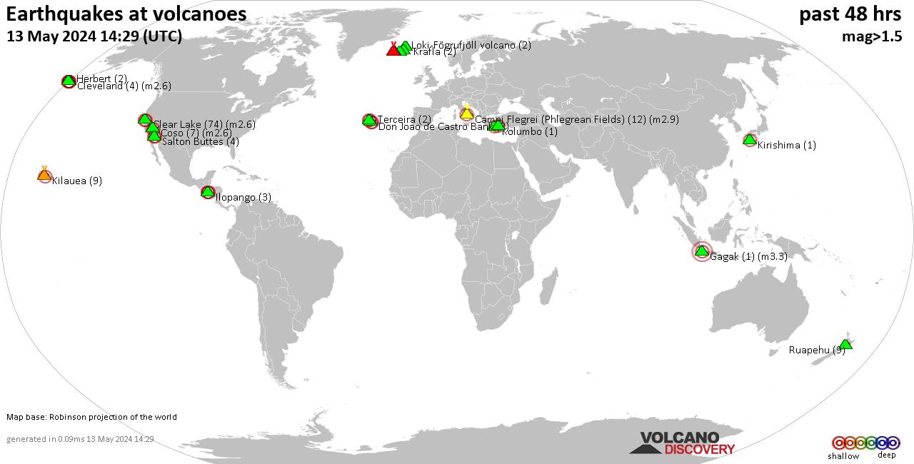 Shallow earthquakes near active volcanoes during the past 48 hours (update 16:06, Saturday, 20 Apr 2024)
