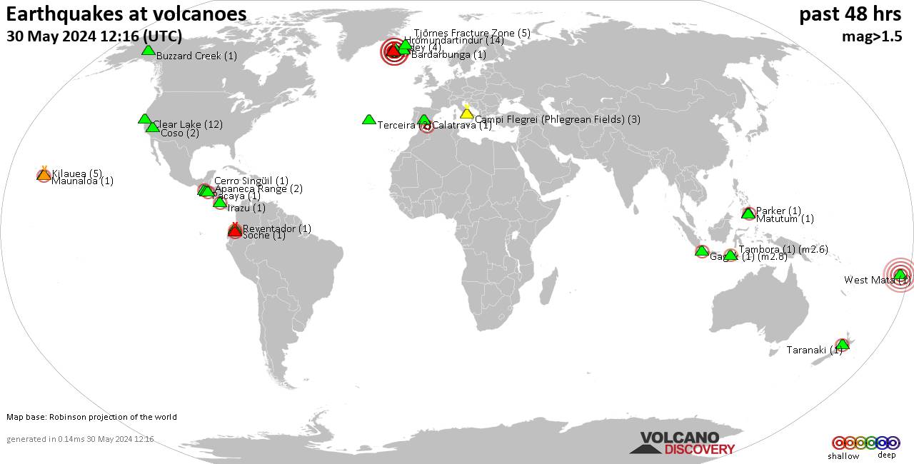 Shallow earthquakes near active volcanoes during the past 48 hours (update 06:36, Tuesday, 23 Apr 2024)