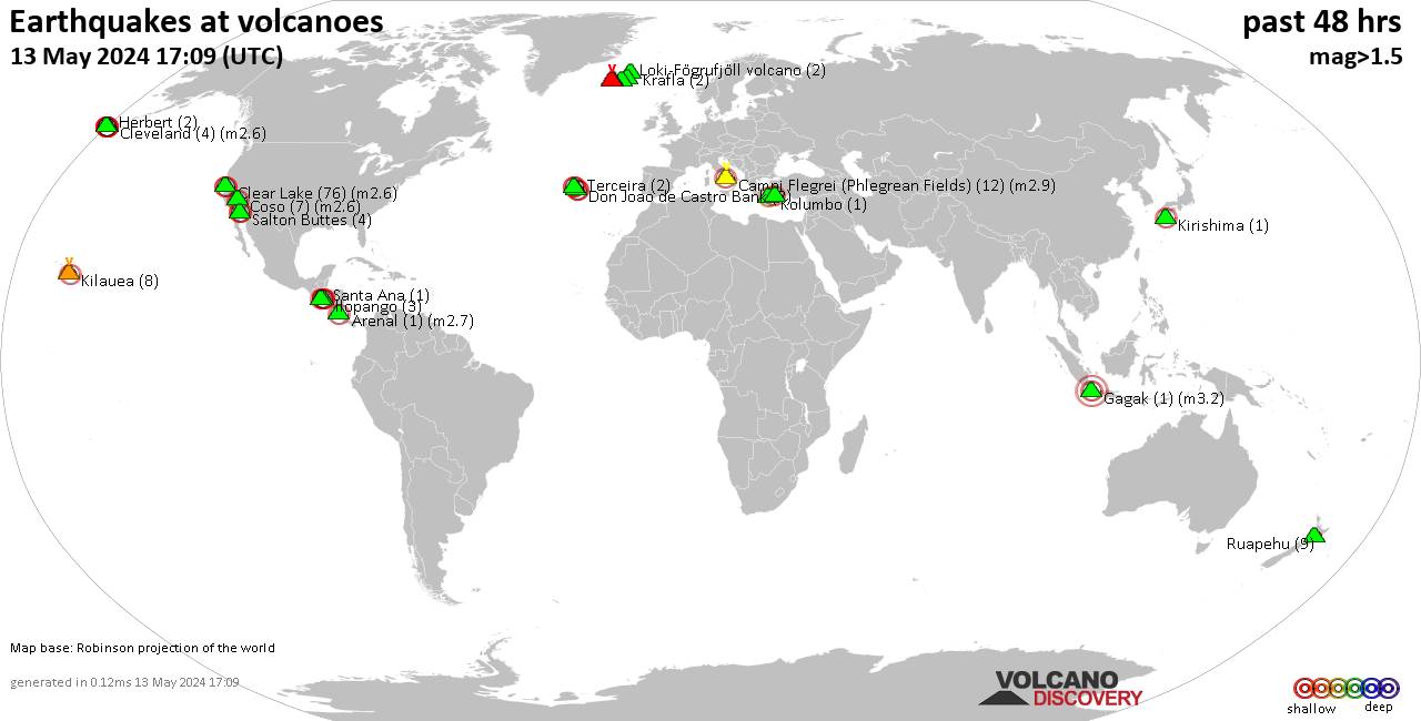 Shallow earthquakes near active volcanoes during the past 48 hours (update 06:46, Tuesday, 23 Apr 2024)