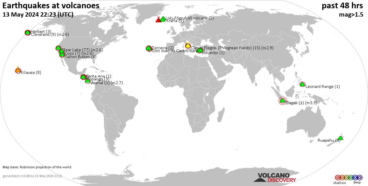 Shallow earthquakes near active volcanoes during the past 48 hours (update 18:40, Tuesday, 23 Apr 2024)