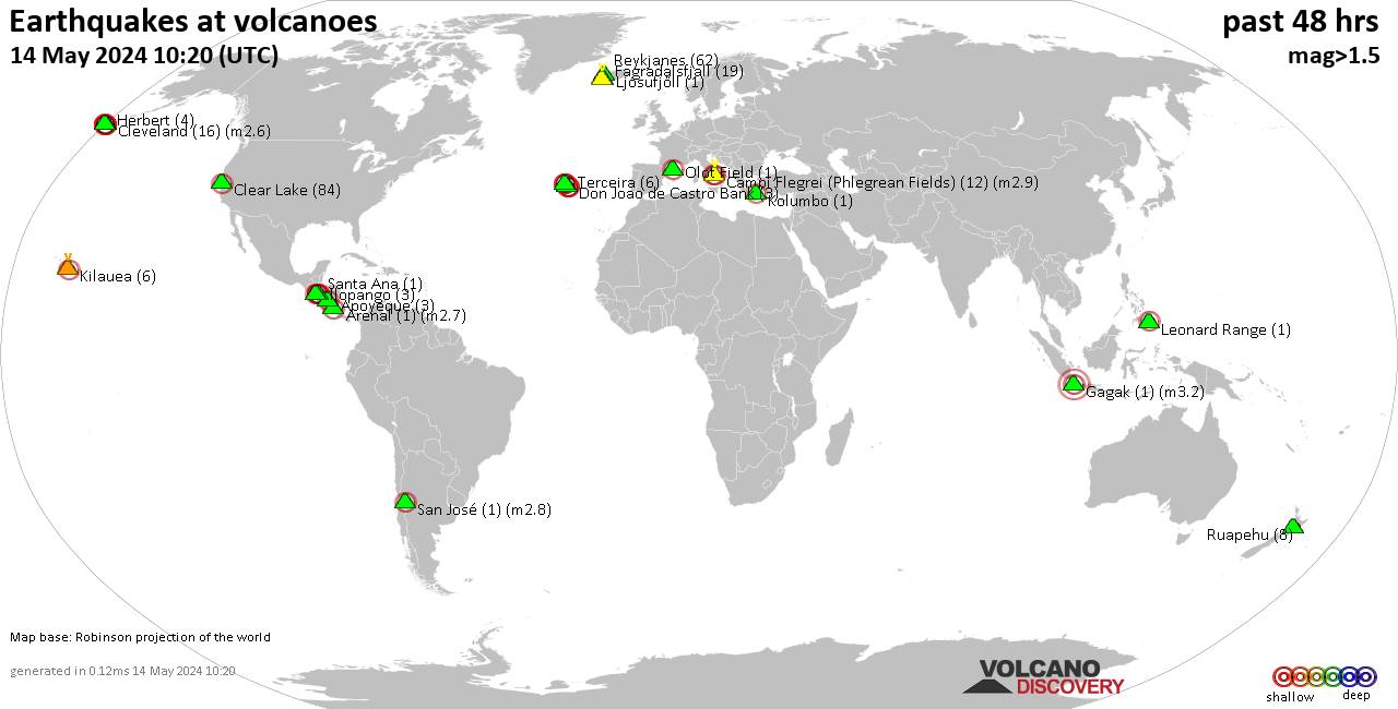 Shallow earthquakes near active volcanoes during the past 48 hours (update 19:06, Wednesday, 24 Apr 2024)