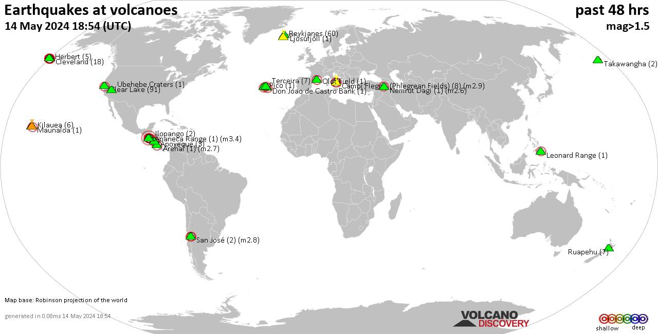 Shallow earthquakes near active volcanoes during the past 48 hours (update 00:46, Thursday, 25 Apr 2024)