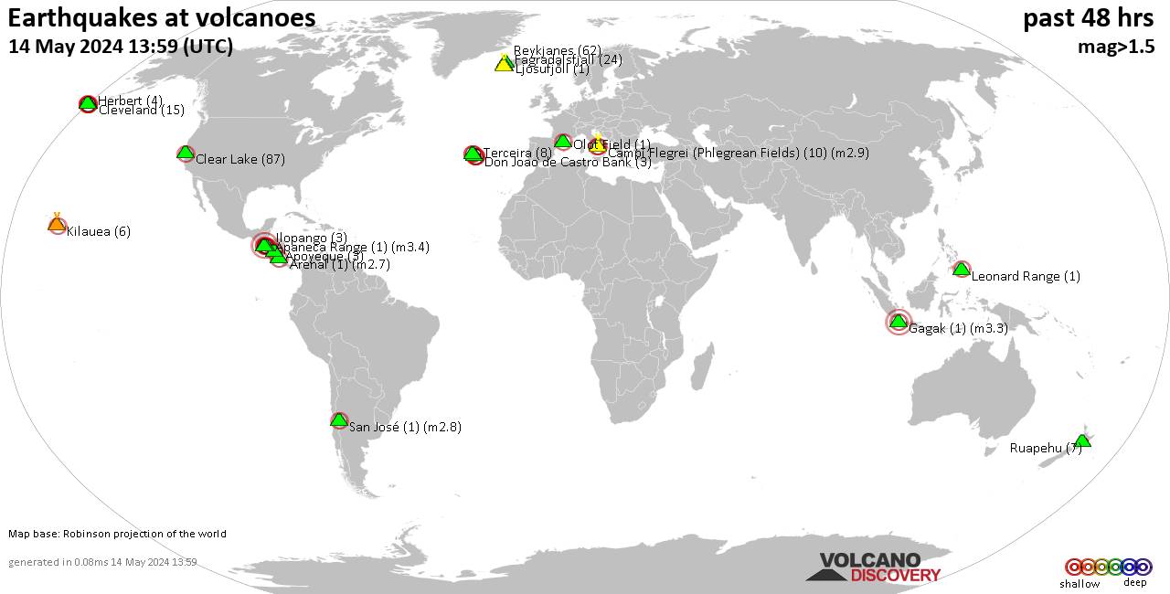 Shallow earthquakes near active volcanoes during the past 48 hours (update 05:00, Thursday, 25 Apr 2024)