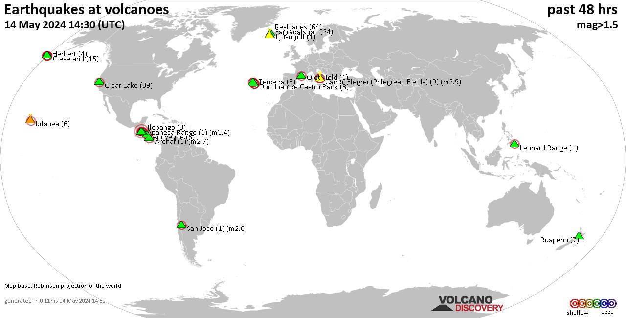 Shallow earthquakes near active volcanoes during the past 48 hours (update 06:24, Thursday, 25 Apr 2024)