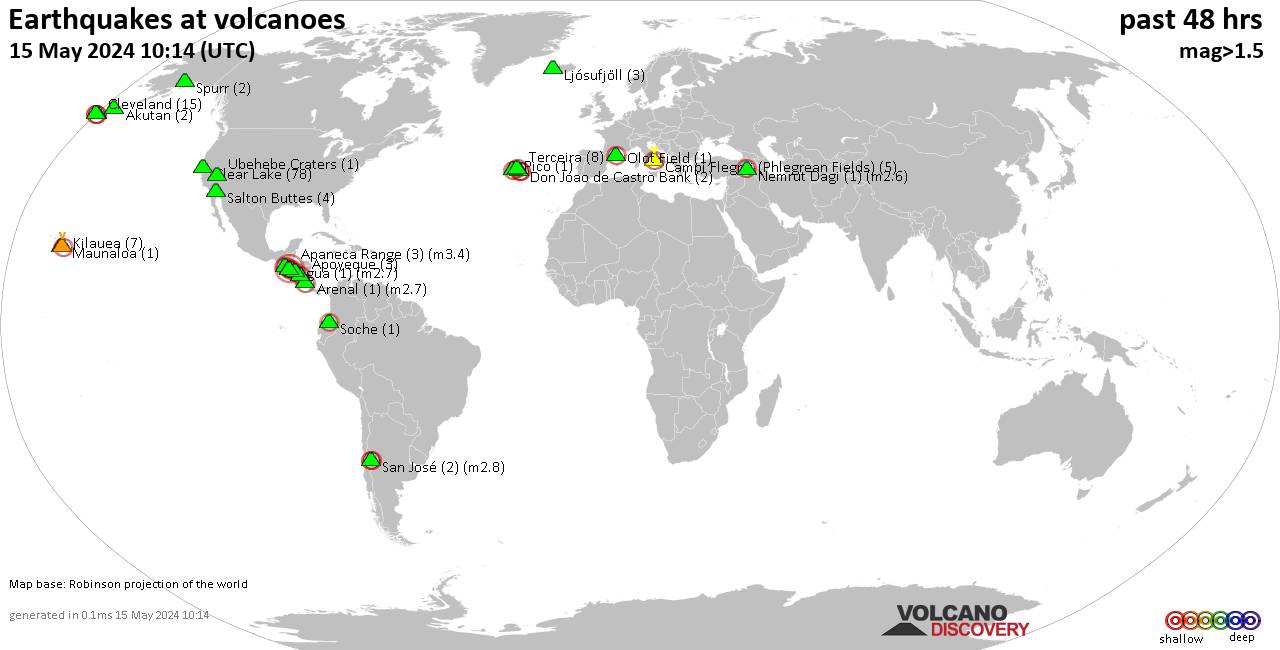 Shallow earthquakes near active volcanoes during the past 48 hours (update 16:31, Thursday, 25 Apr 2024)