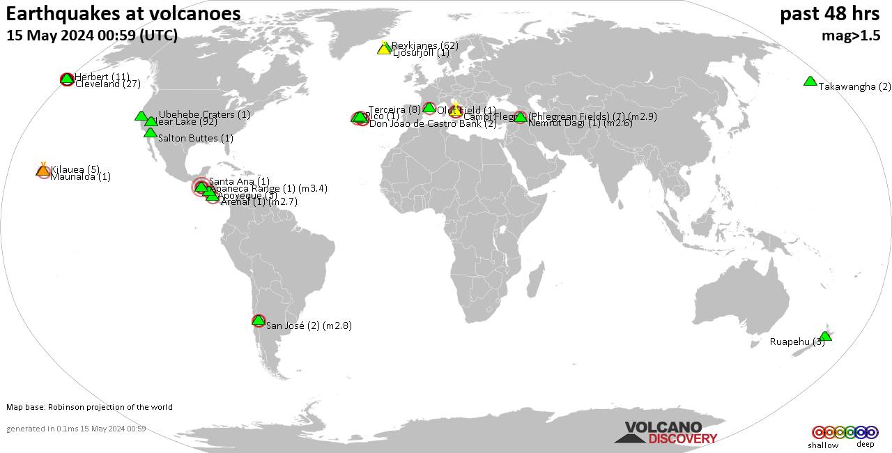 Shallow earthquakes near active volcanoes during the past 48 hours (update 20:38, Thursday, 25 Apr 2024)
