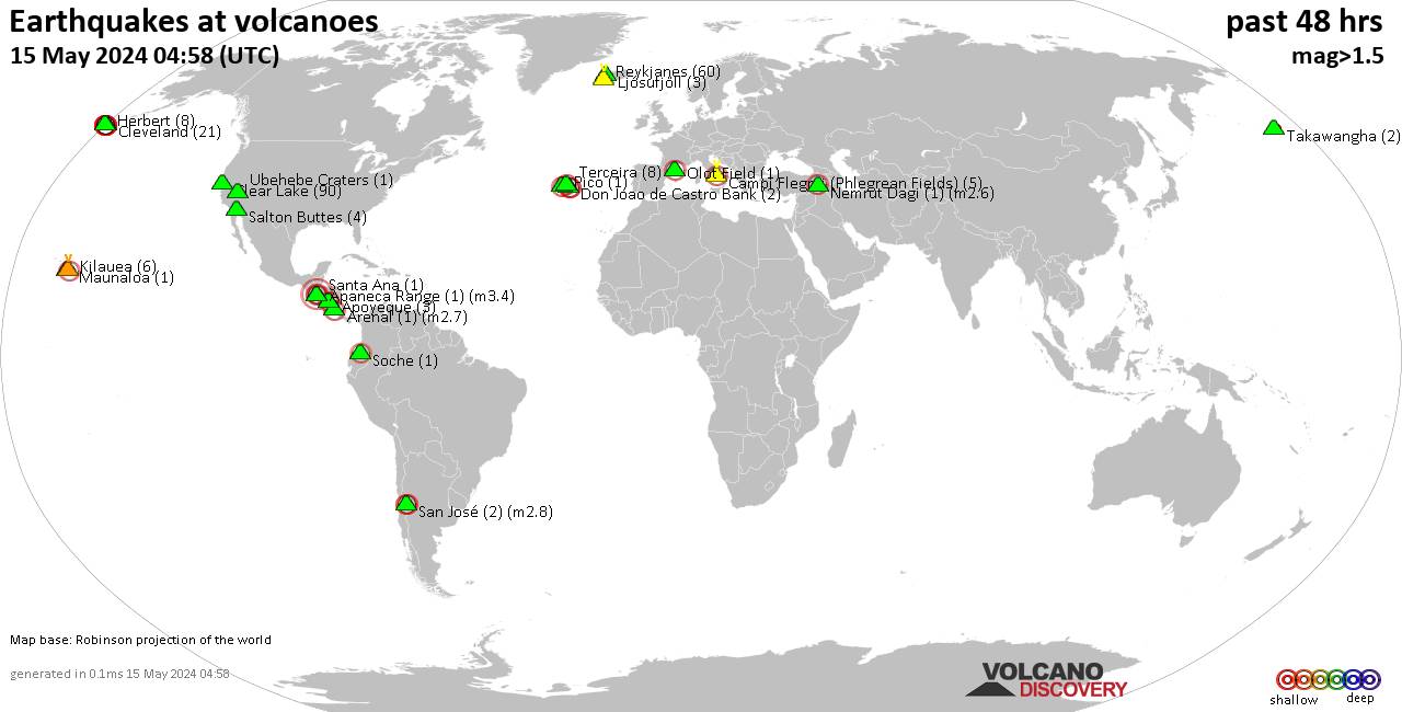 Shallow earthquakes near active volcanoes during the past 48 hours (update 21:13, Thursday, 25 Apr 2024)