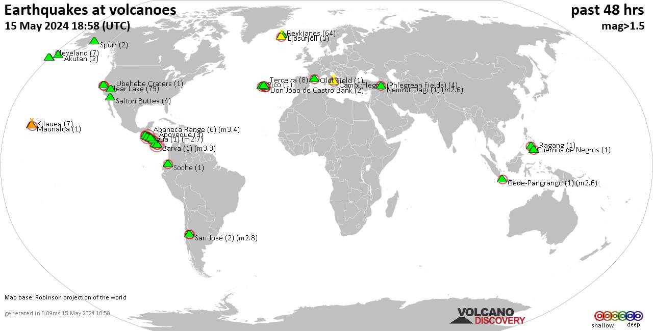 Shallow earthquakes near active volcanoes during the past 48 hours (update 01:16, Friday, 26 Apr 2024)