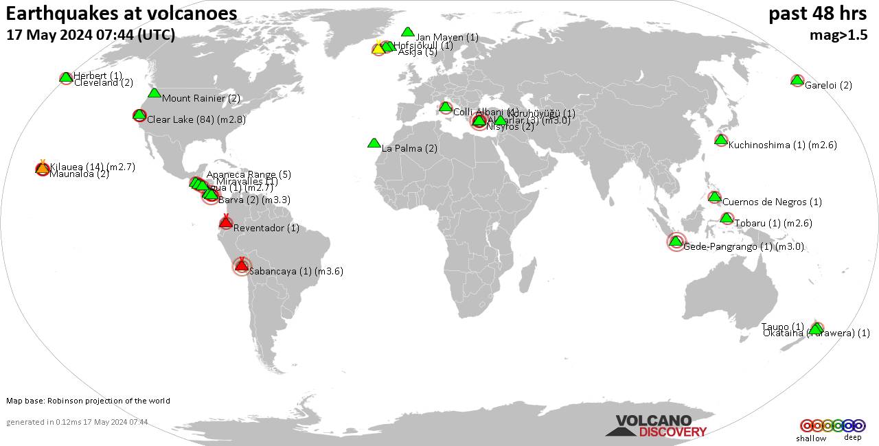 Shallow earthquakes near active volcanoes during the past 48 hours (update 03:21, Saturday, 27 Apr 2024)
