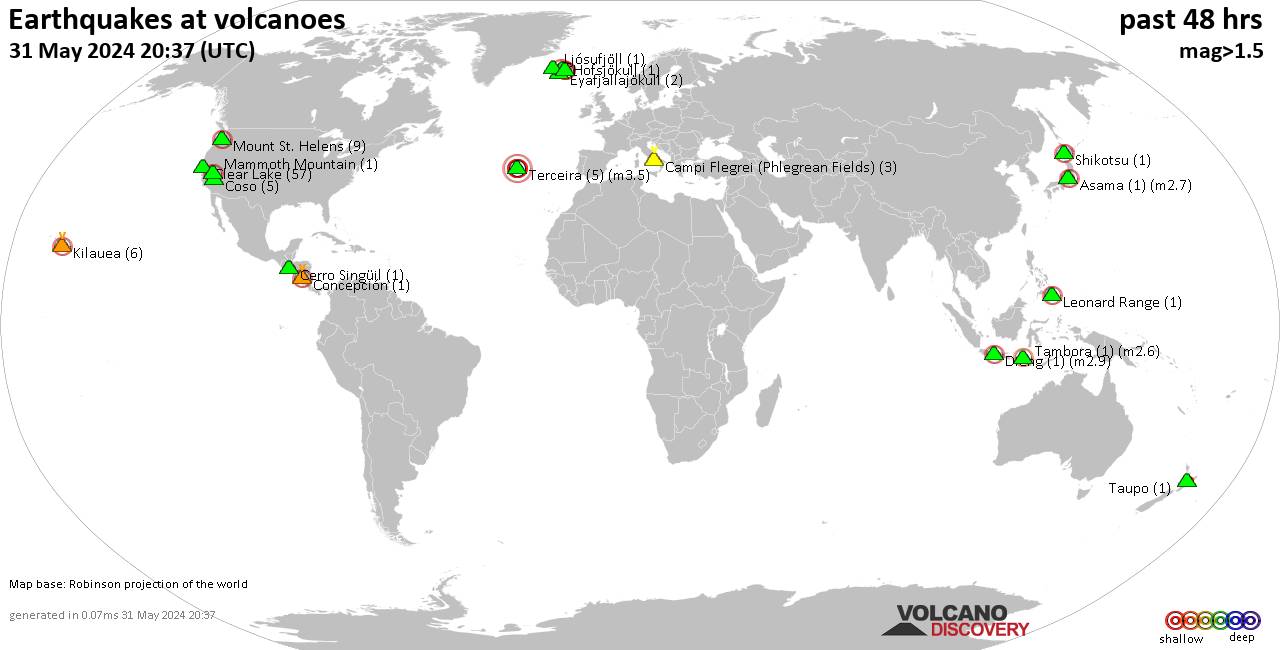 Shallow earthquakes near active volcanoes during the past 48 hours (update 02:48, Wednesday,  8 May 2024)