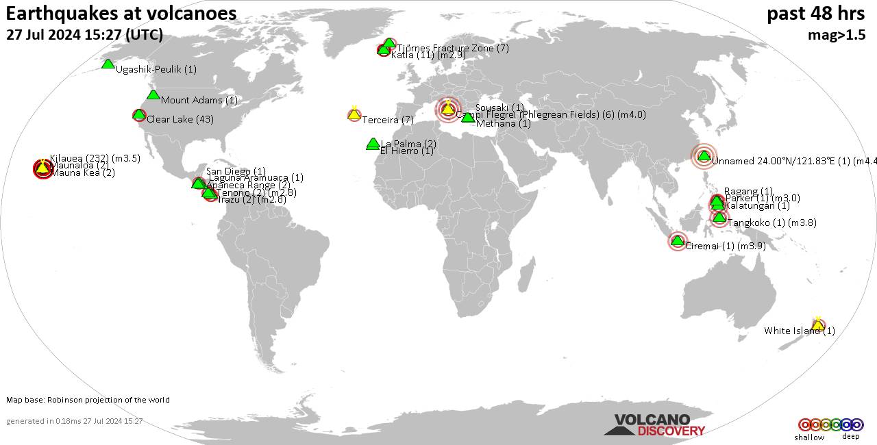 Землетрясения вблизи активных вулканов за последние 48 часов, 27 июля 2024 года