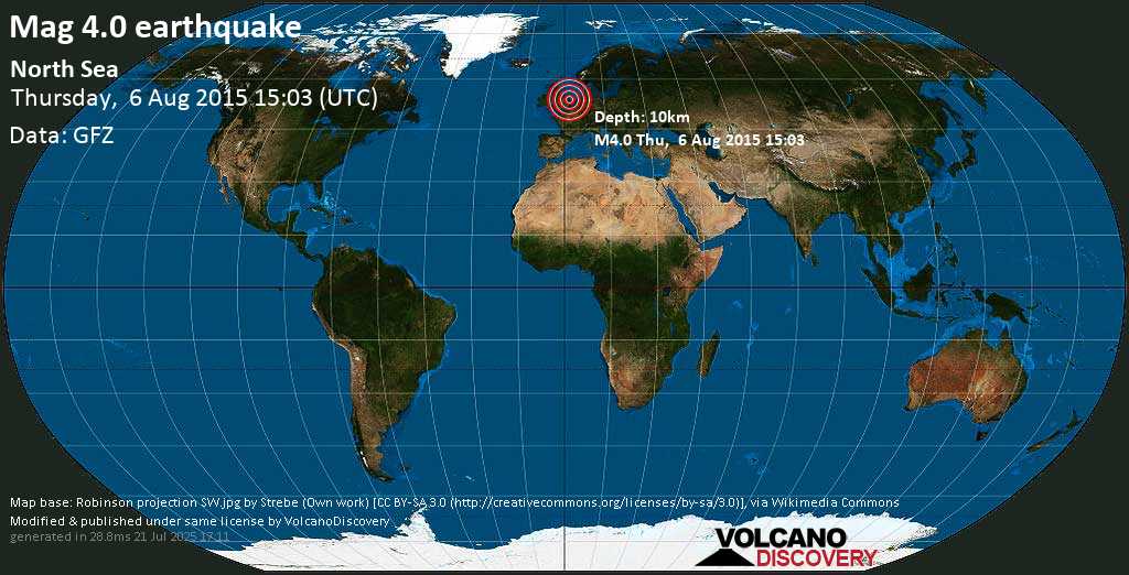 Light mag. 4.2 earthquake - North Sea on Thursday, 6 August 2015
