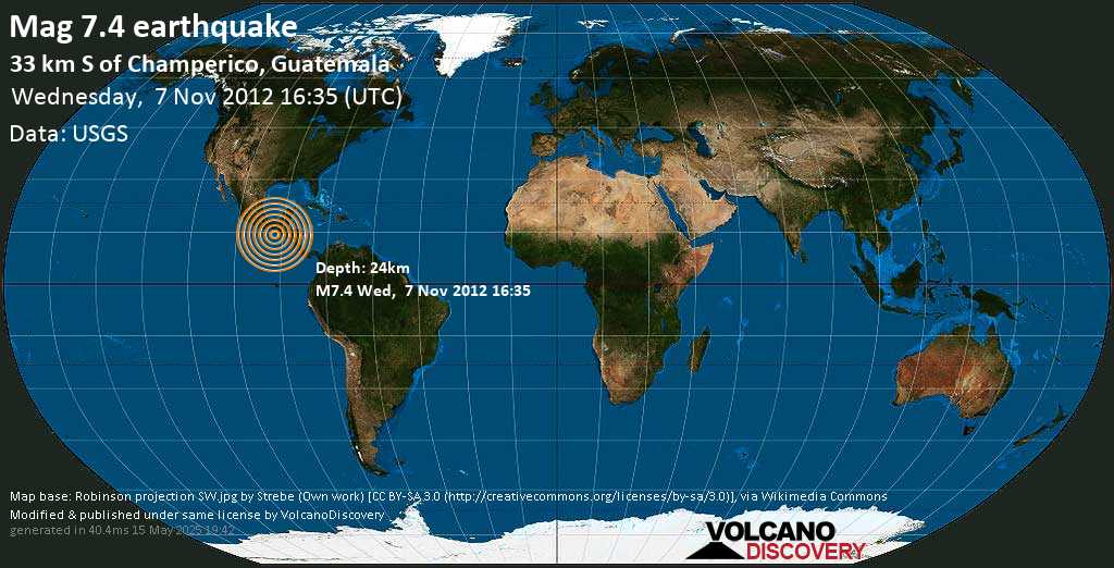 Major magnitude 7.4 earthquake - North Pacific Ocean, 35 km south of Champerico, Guatemala, on Wed, 7 Nov 2012 10:35