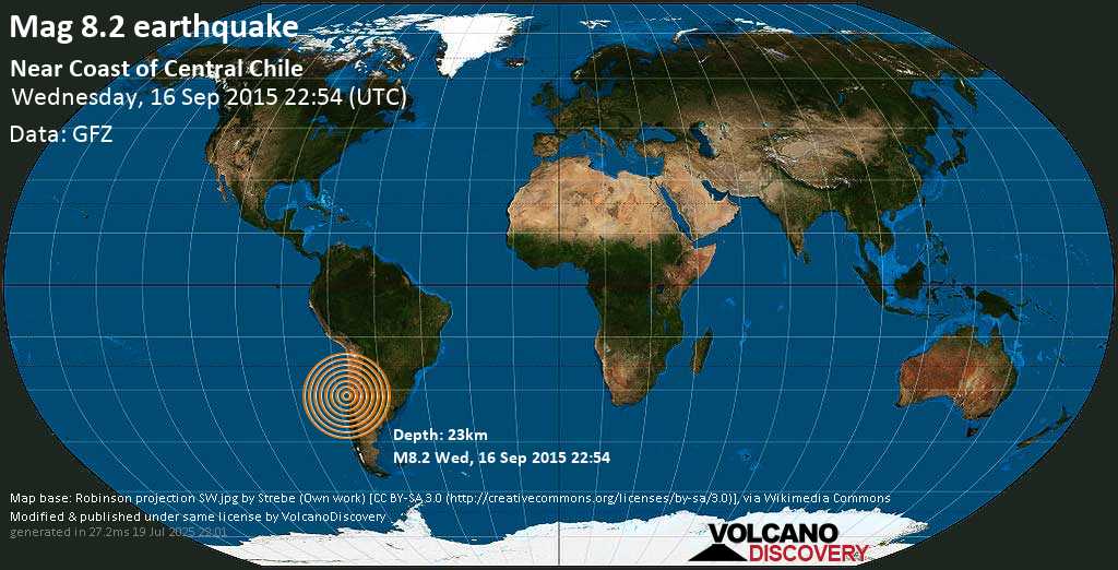 Major mag. 7.8 earthquake - Near Coast of Central Chile on Wednesday, 16 September 2015