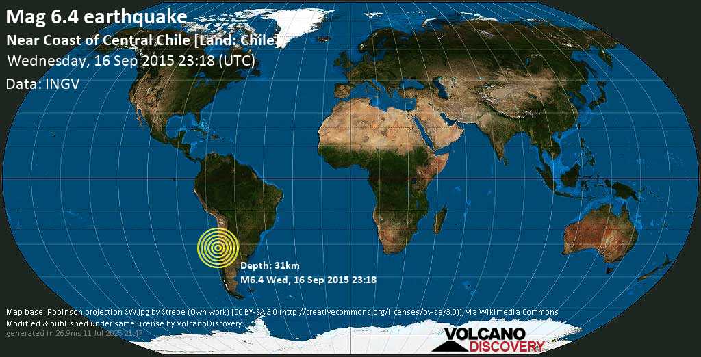 Schweres Erdbeben der Stärke 7.0 - W of Illapel, Chile, am Mittwoch, 16. Sep 2015 um 23:18 GMT