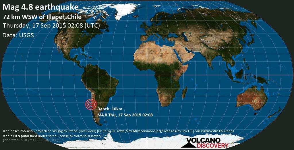 Moderate mag. 4.8 earthquake - South Pacific Ocean, 97 km northwest of La Ligua, Petorca Province, Valparaiso, Chile, on Thursday, 17 September 2015 at 02:08 (GMT)
