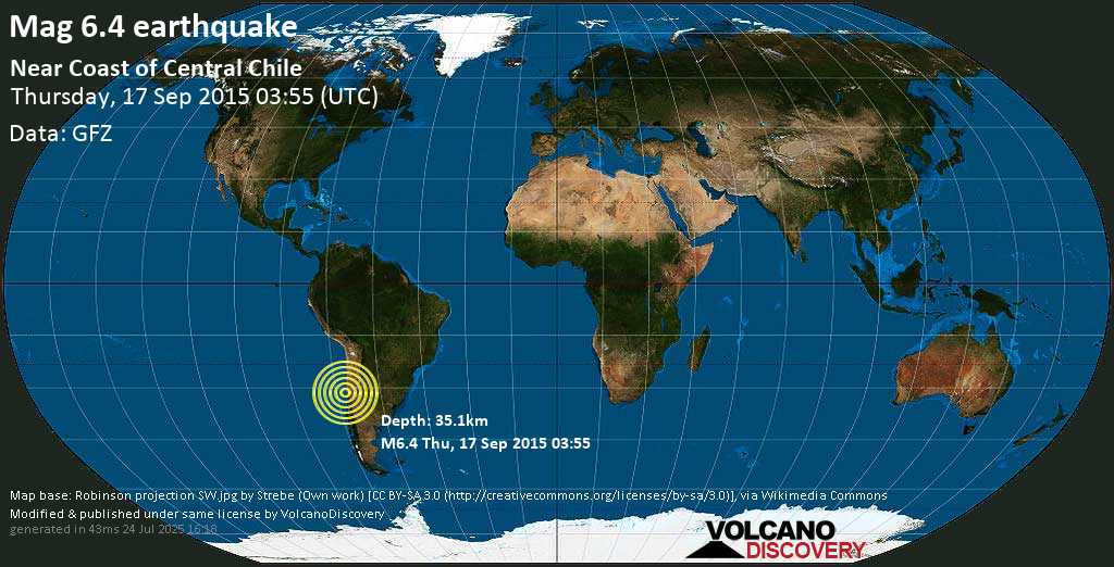 Starkes Erdbeben der Stärke 6.4 - Near Coast of Central Chile, am Donnerstag, 17. Sep 2015 um 03:55 GMT
